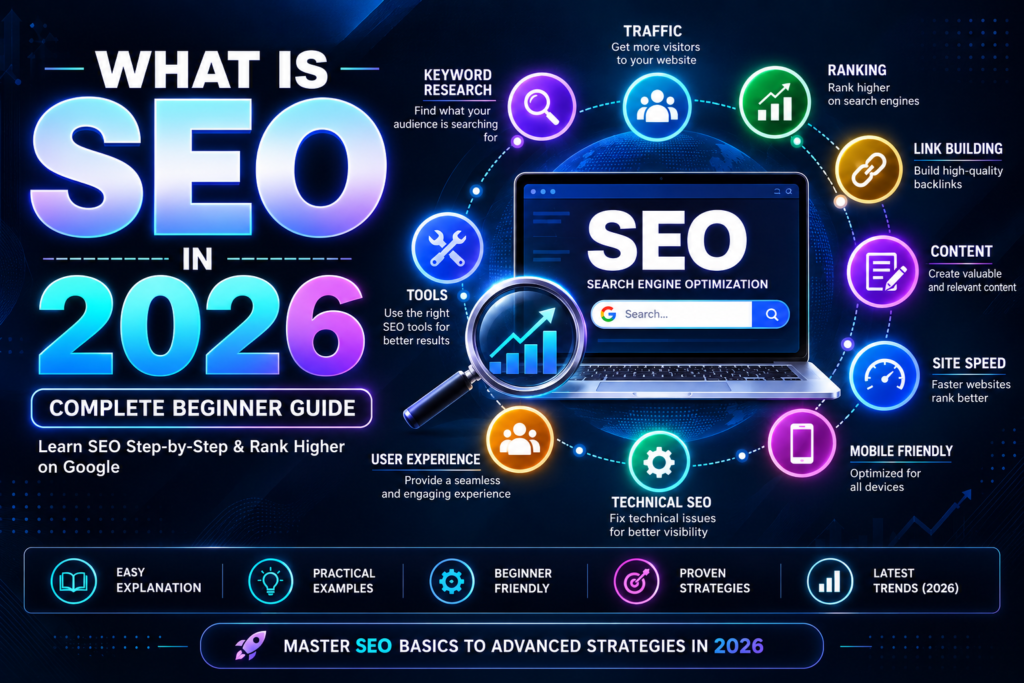 A simple flowchart illustrating what is SEO and how search engines crawl, index, and rank web pages.