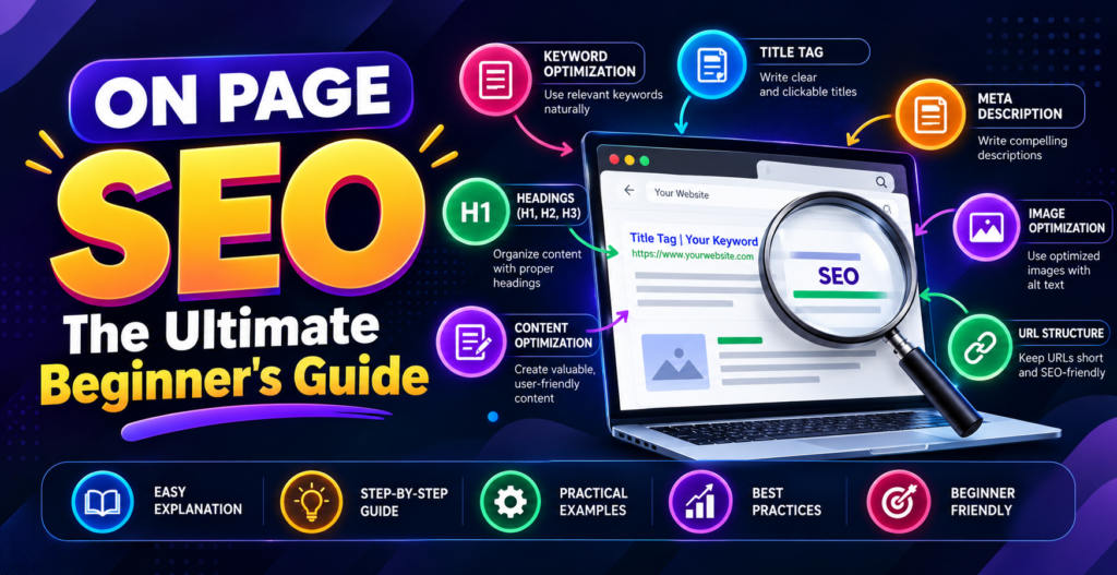 A simple visual diagram illustrating key On-Page SEO elements, including title tags, headings, image alt text, and internal links