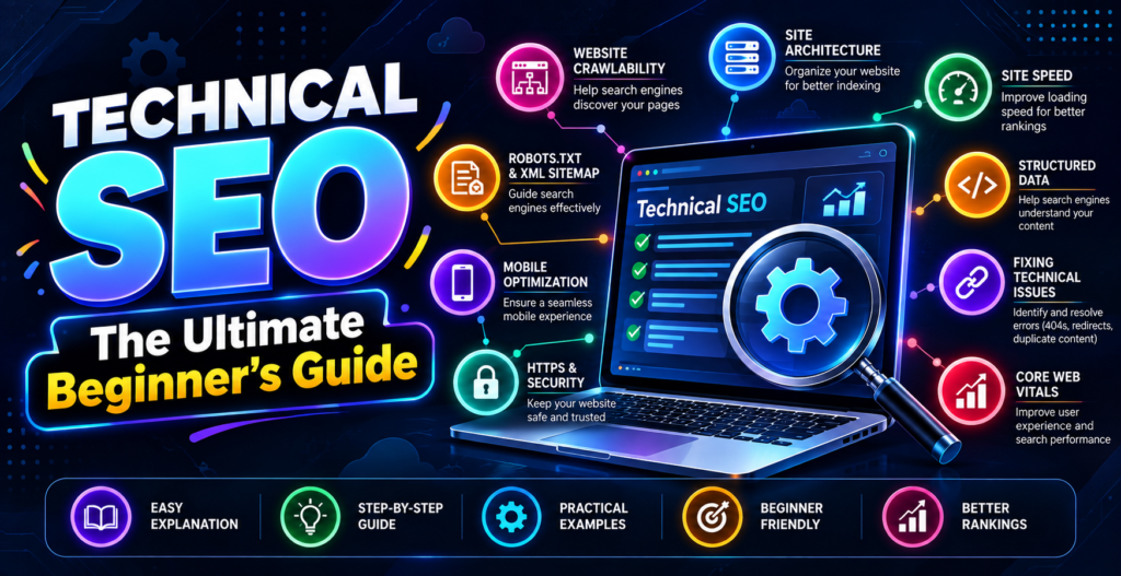 A simple visual flowchart illustrating key Technical SEO elements, including website speed, mobile-friendliness, HTTPS security, and sitemaps.