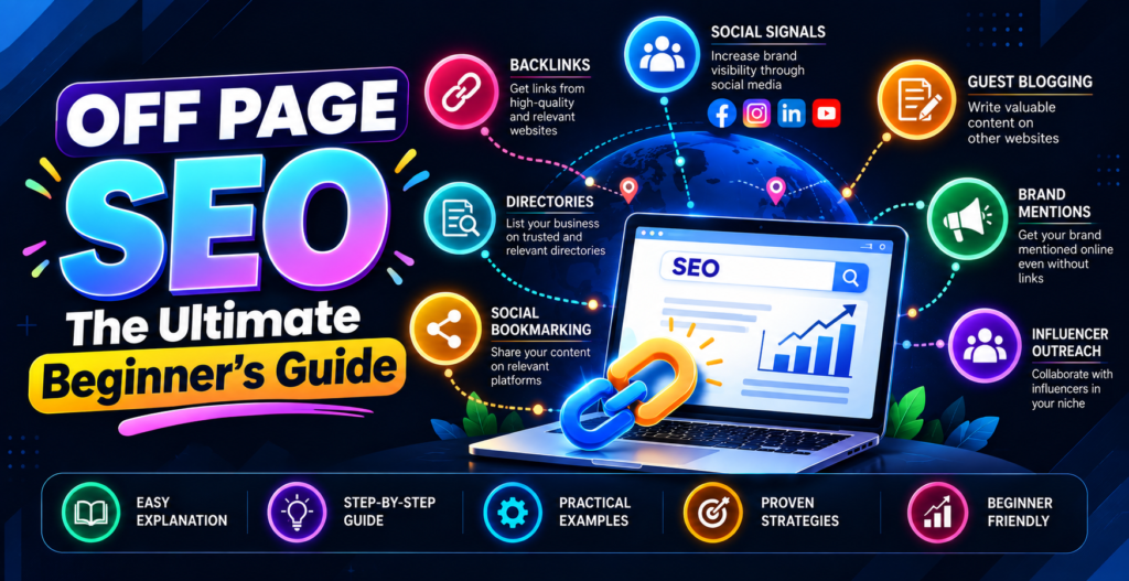 A simple visual flowchart illustrating key Off-Page SEO elements, including backlinks, guest posting, social media signals, and brand trust.